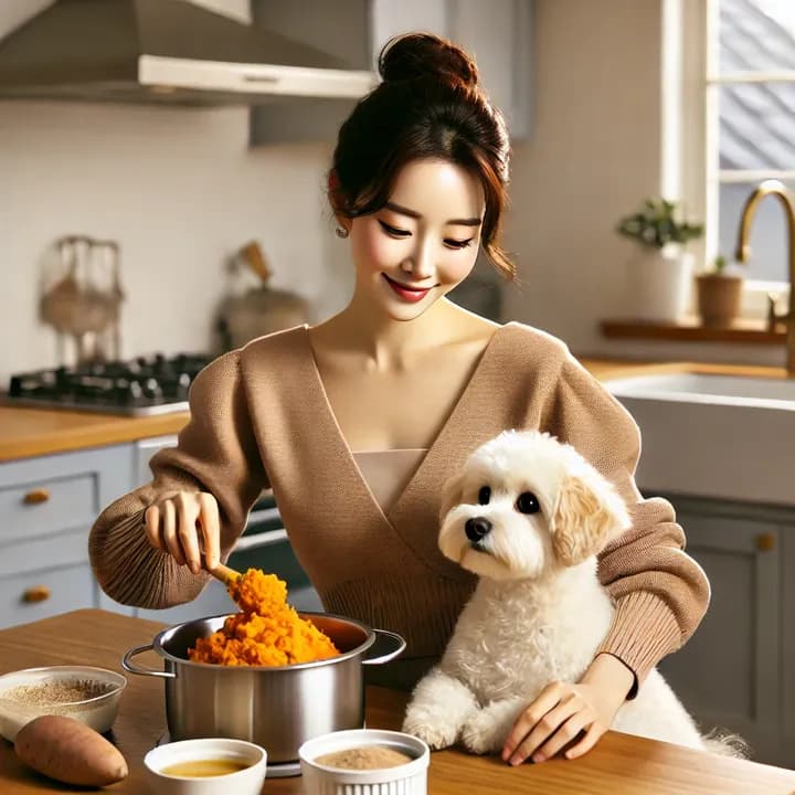 고구마를 바라보는 강아지